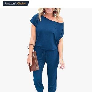Blue Off-Shoulder Casual Jumpsuit with Tapered Legs